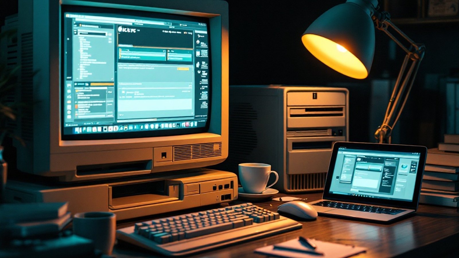 A desk with an old beige PC tower and CRT beside a modern laptop, notes and coffee, warm lamp light in a dark room