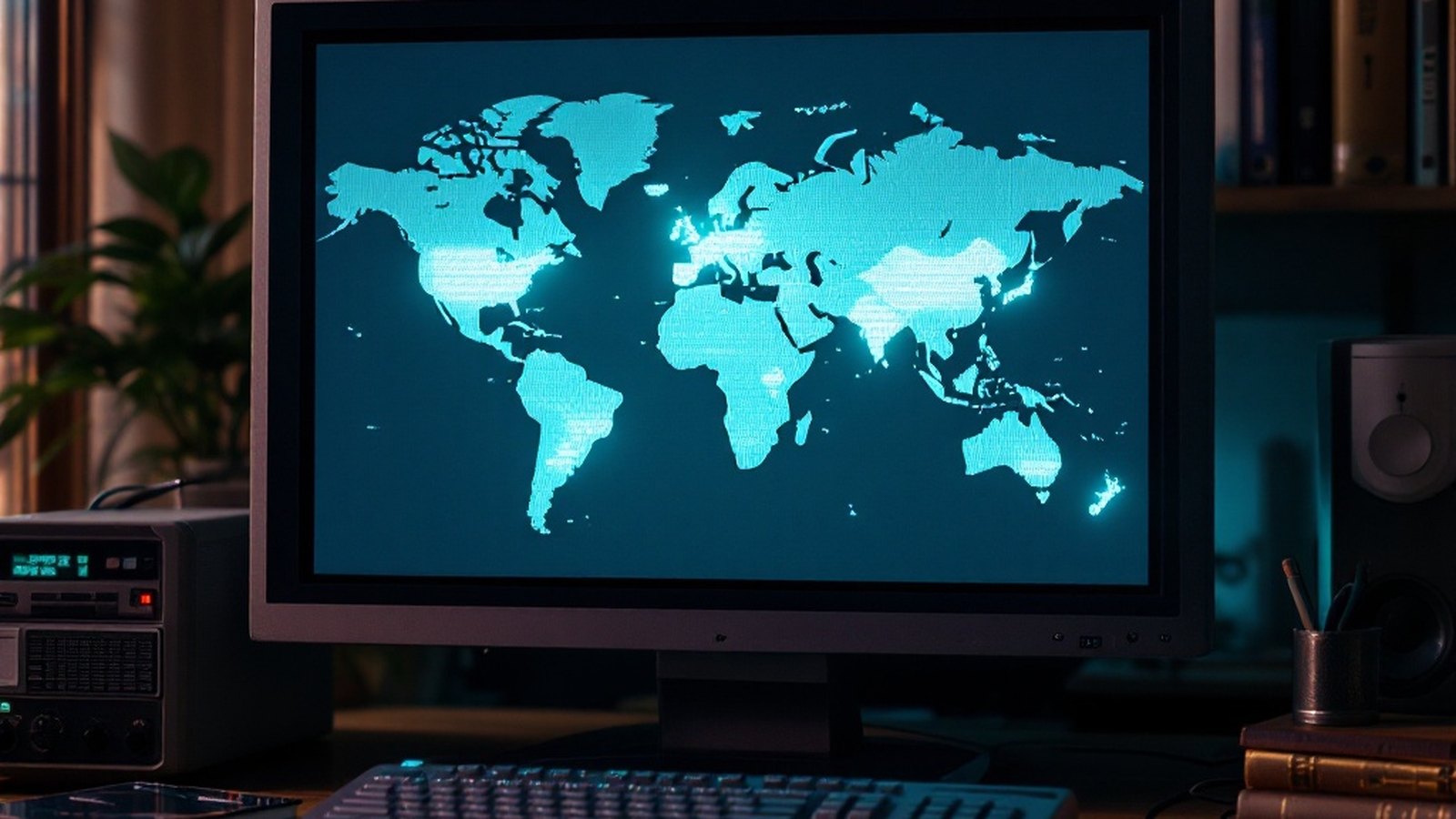Persistent desktop world-clock window listing many city rows with six distinct color-coded highlights, retro slate-blue Windows styling