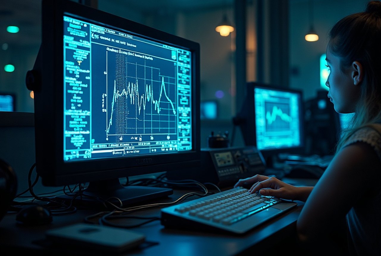 A computational knowledge engine query rendered on a glowing retro terminal, mathematical plots and symbols on a dark screen