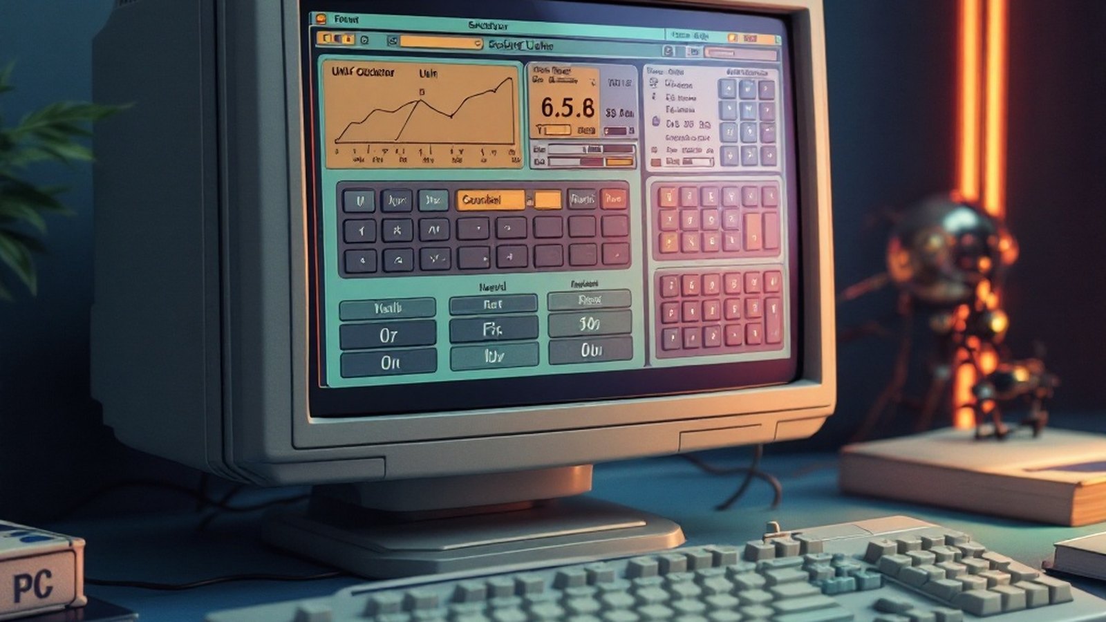 Retro four-mode scientific calculator utility window with unit conversion panel and periodic table popup, slate-blue Windows era styling