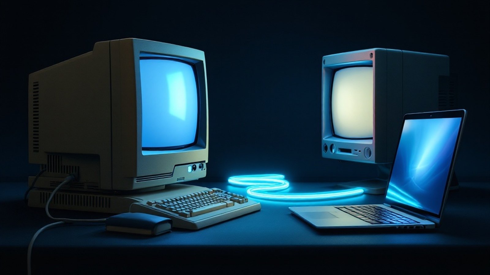 An old beige-tower PC and a sleek modern laptop facing each other across a dark desk, glowing cable literally connecting them