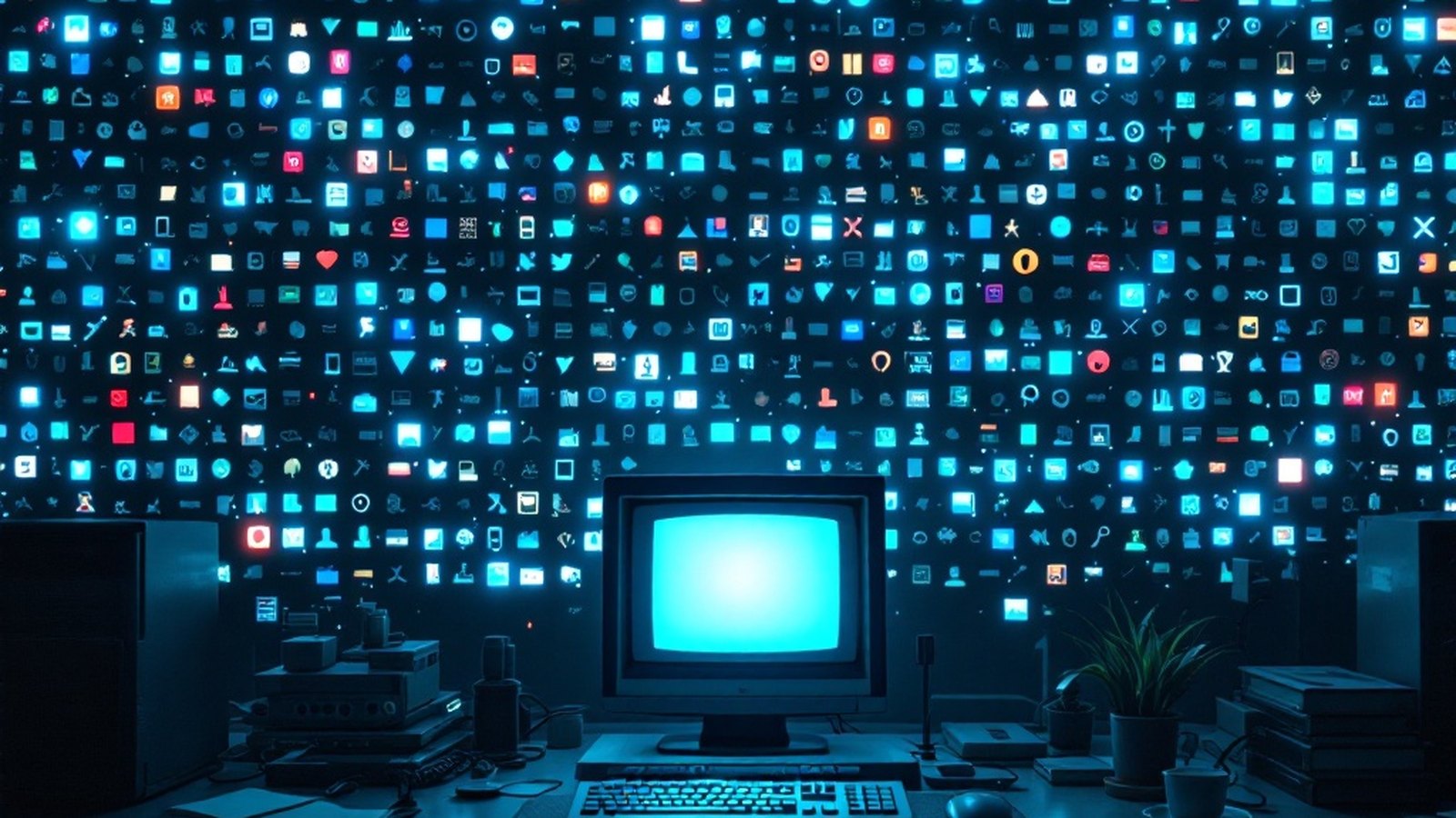 A chaotic wall of hundreds of tiny generic app icons fading into darkness, one small utility window glowing clearly in front