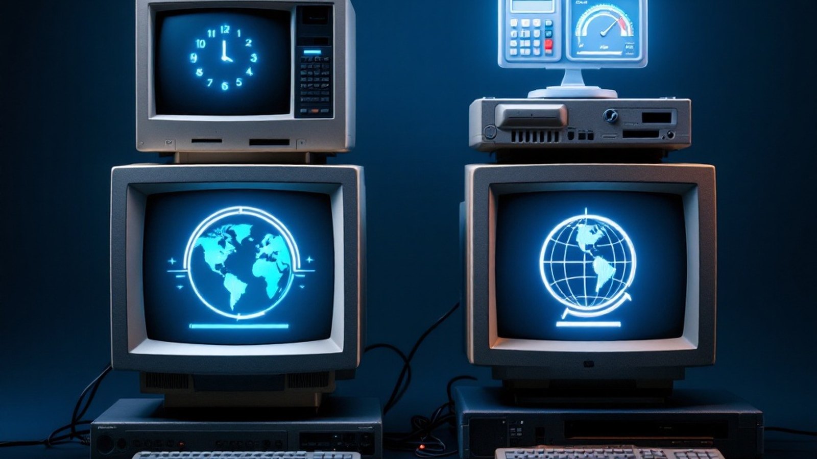Montage of four retro CRT monitors each glowing with a different utility category icon: a clock, a calculator, a gauge, a globe — dark slate-blue scene, no brand logos