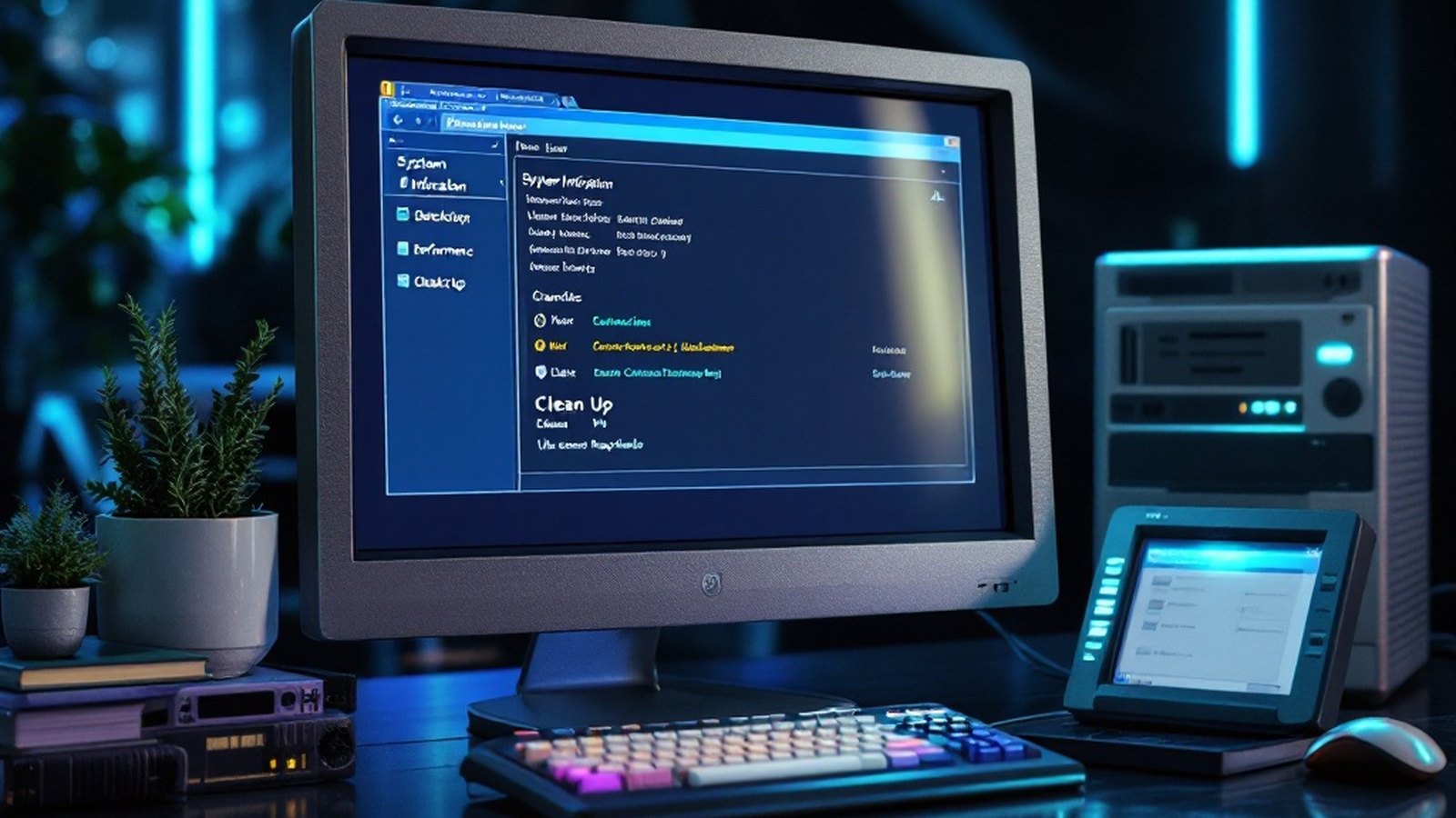 Retro tabbed Windows system utility showing System Information, Desktop, Performance and Clean Up tabs, beveled grey-blue chrome