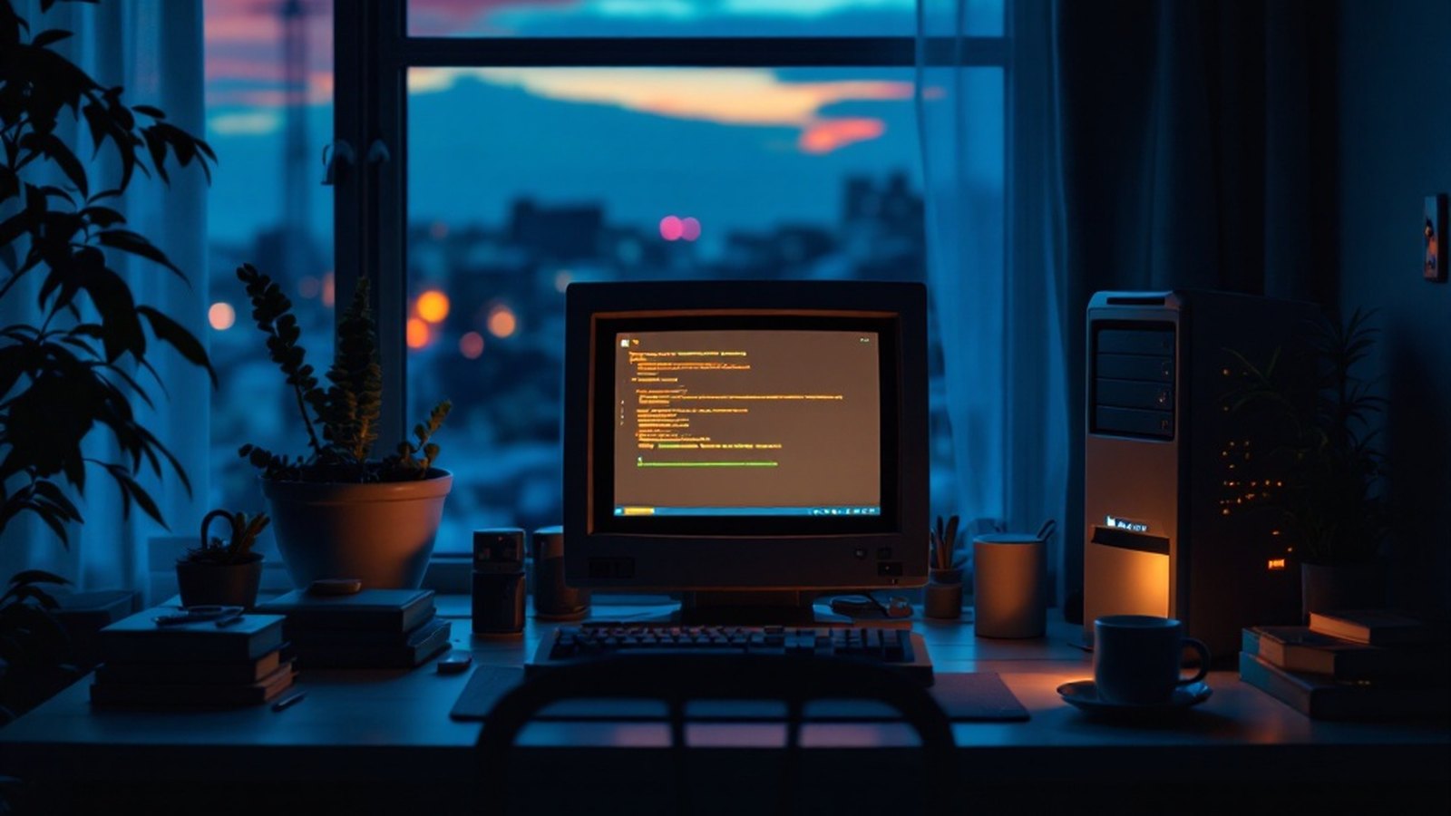 A tidy period Windows desktop at dusk, one small utility window open, warm CRT glow in a dark room, empty chair