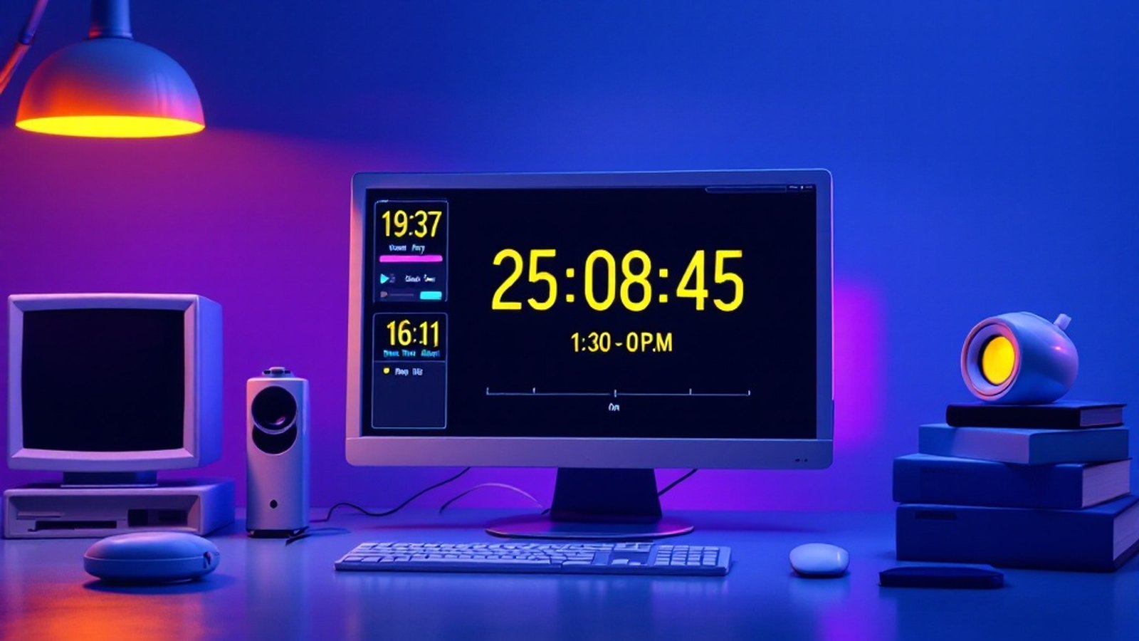 ClockWise-style retro Windows tray utility window showing a digital clock, date and world-time panel on a slate-blue desktop