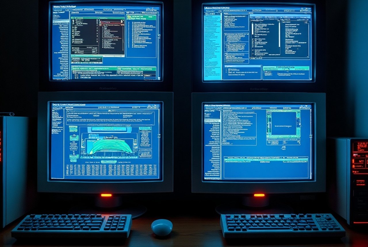 Grid comparison of four retro-styled task scheduler interfaces on dark CRT monitors
